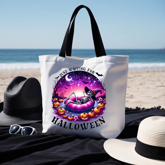 Just Waiting for Halloween Summer Beach Skeleton Tote - Picture 1 of 3